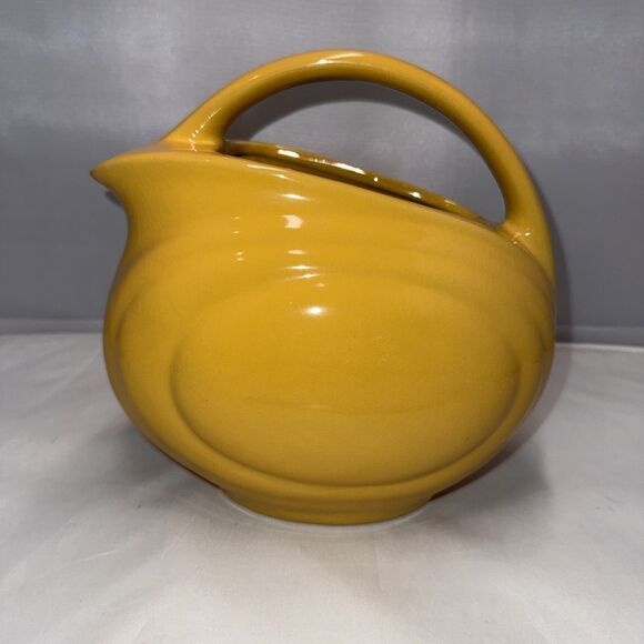 Over and Back Yellow Ware Ceramic Pitcher Disc Design Glazed Bottom Marked - Picture 1 of 8